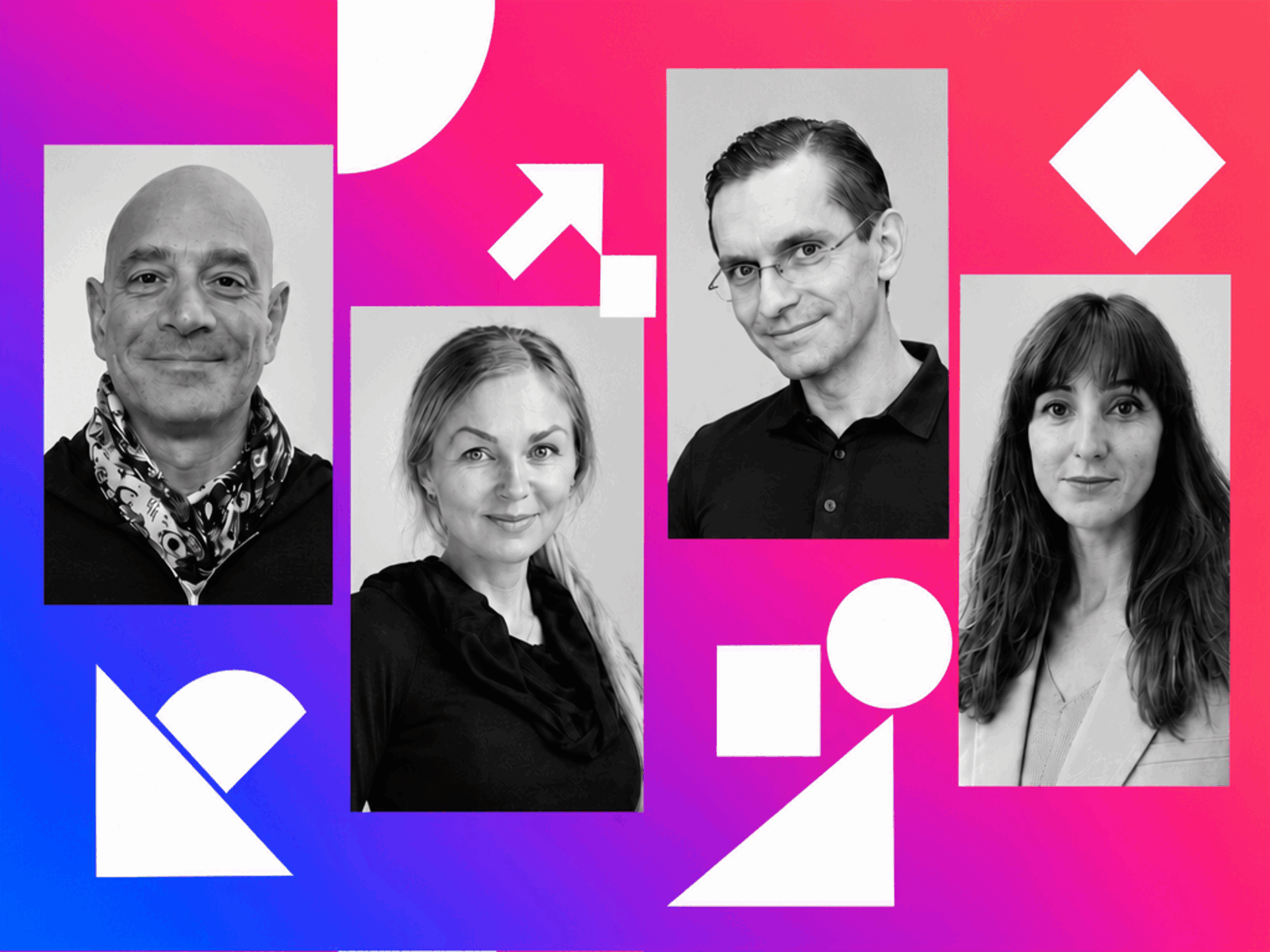 Portraits of Zahi Fayad, Evelyn Bischof, Alex Zhavoronkov and Jamie Justice on a blue and pink graphic