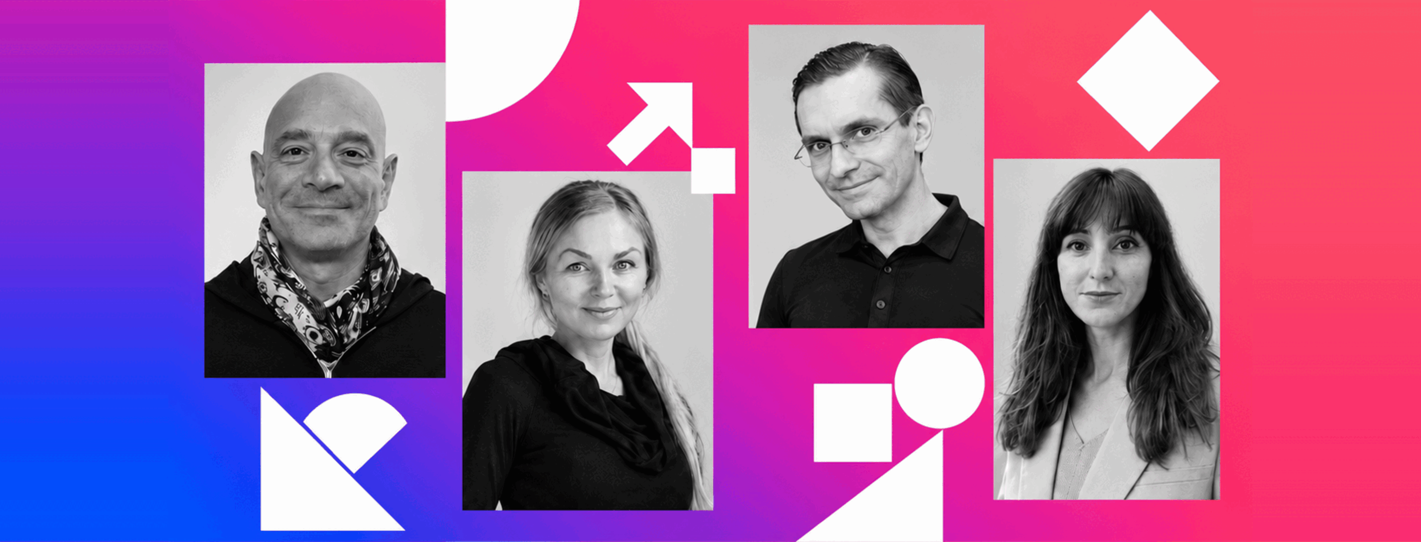 Portraits of Zahi Fayad, Evelyn Bischof, Alex Zhavoronkov and Jamie Justice on a blue and pink graphic